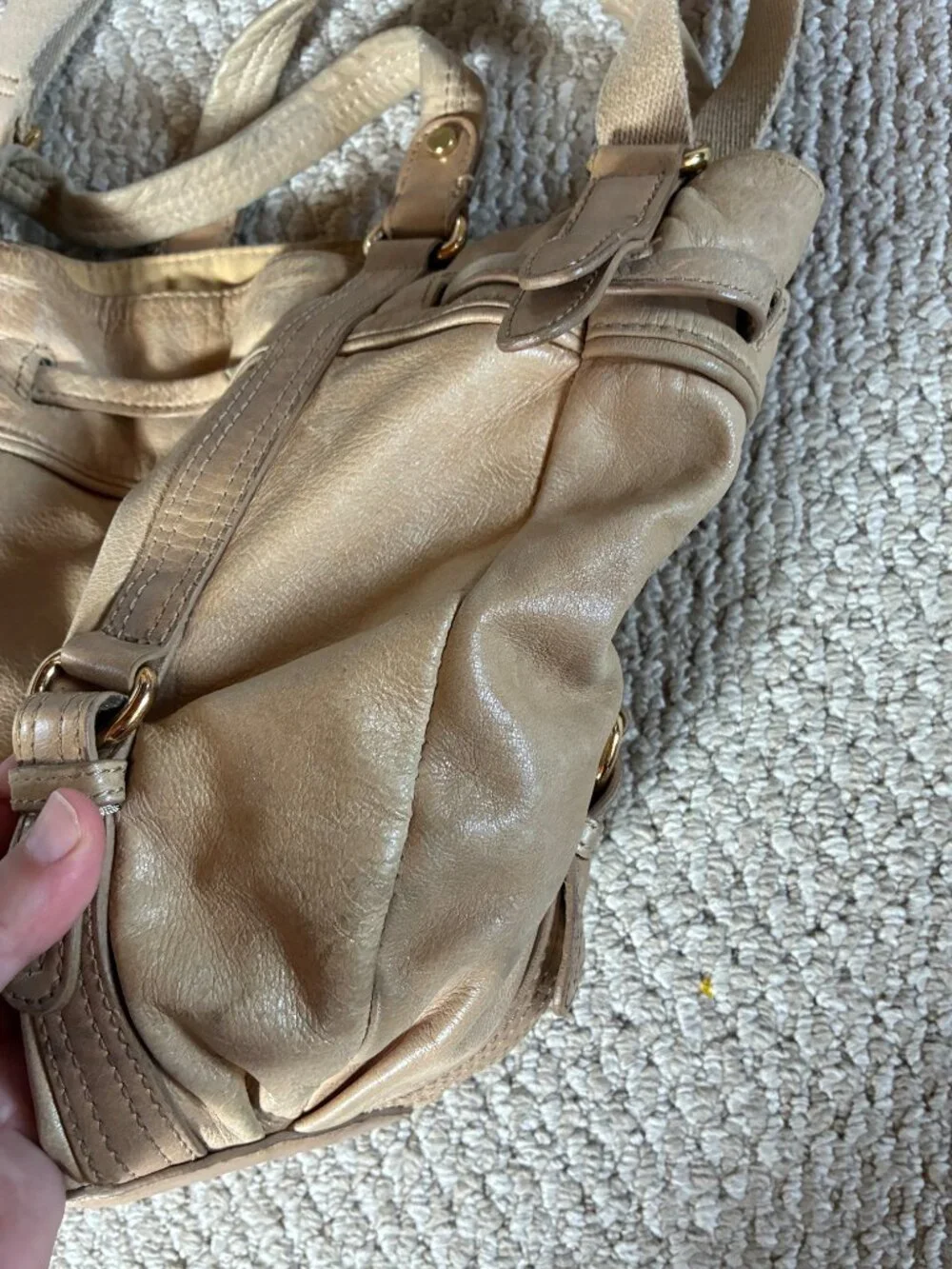Sak Tan Leather Drawstring Bucket Bag Handbag Hobo Moto
